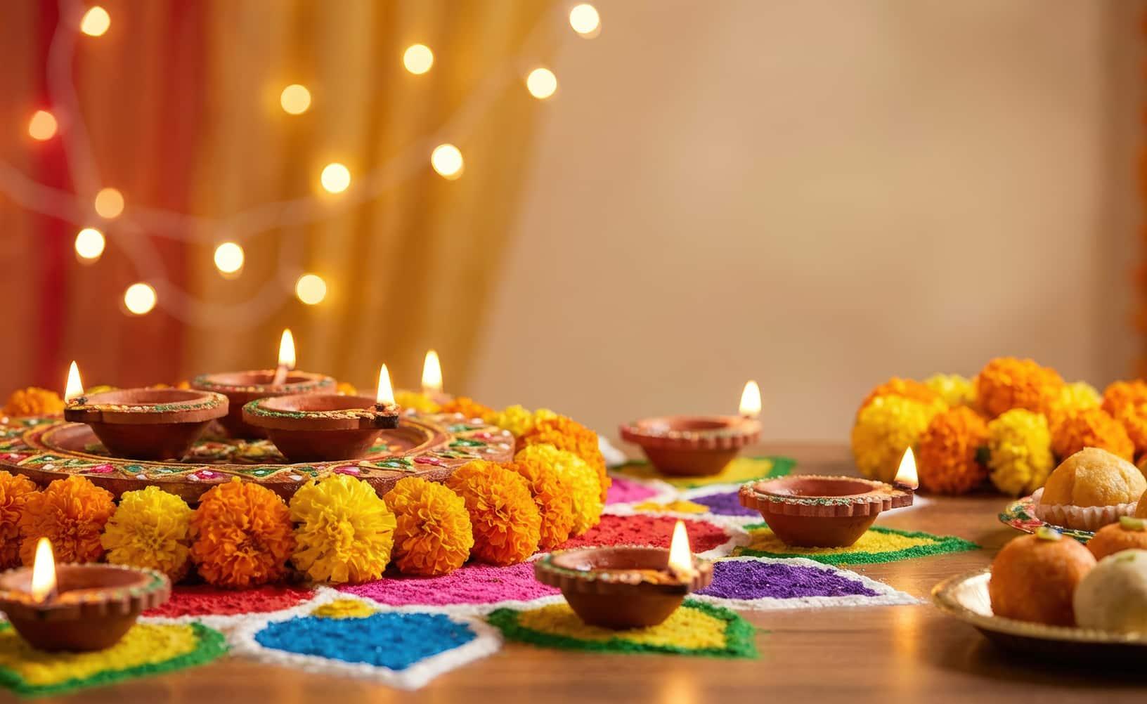 Lampes de Diwali, fleurs de souci, rangoli coloré et douceurs traditionnelles
